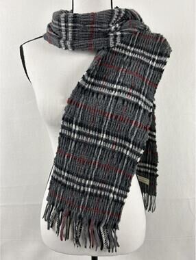 Burberry London Gray Plaid Wool Cashmere Fringe Scarf